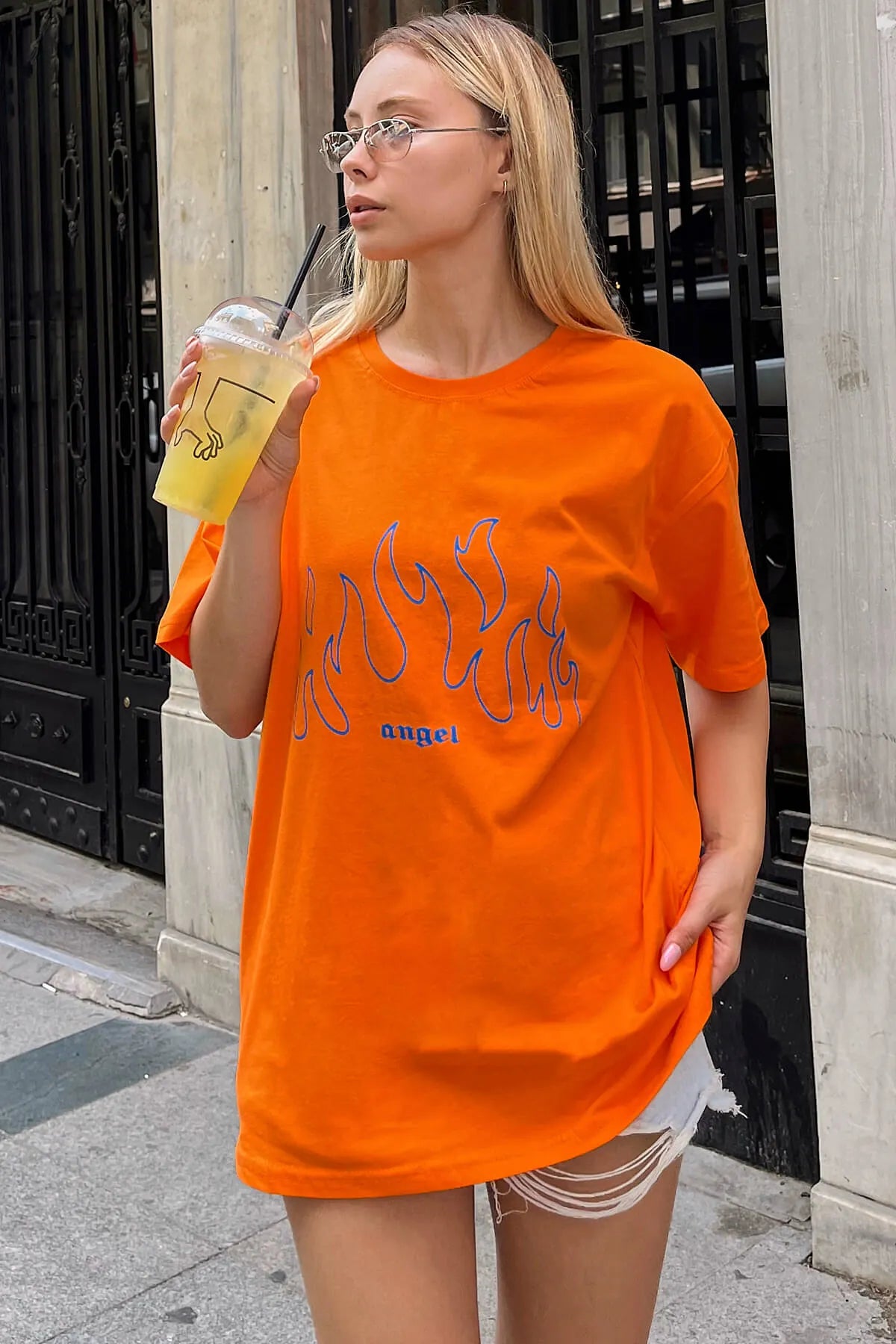 Turuncu Angel Baskılı Oversize Kadın Tshirt