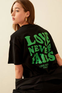 Siyah Love Never Sırt Baskılı Oversize Kadın Tshirt