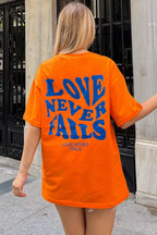 Turuncu Love Never Sırt Baskılı Oversize Kadın Tshirt