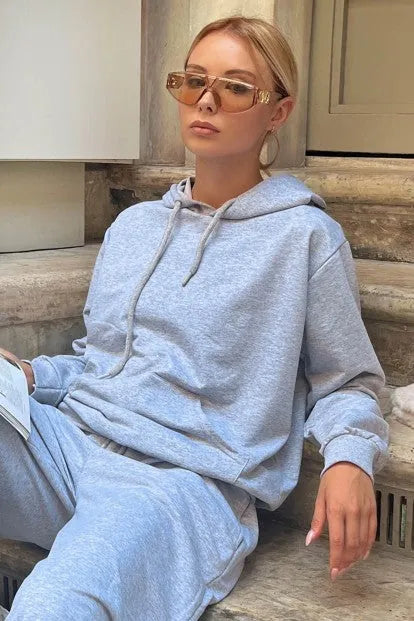 Gri Ribanalı Kapüşonlu Kanguru Cep Kadın Crop Sweat