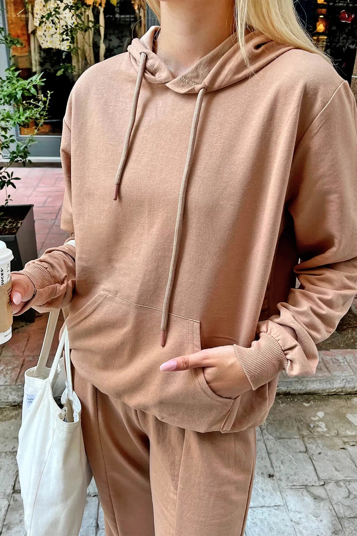 Vizon Ribanalı Kapüşonlu Kanguru Cep Kadın Crop Sweat