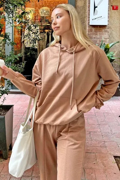 Vizon Ribanalı Kapüşonlu Kanguru Cep Kadın Crop Sweat