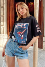 Siyah Space Baskılı Oversize Kadın Tshirt