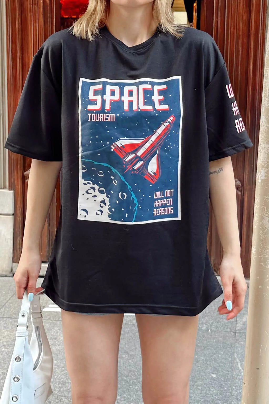 Siyah Space Baskılı Oversize Kadın Tshirt