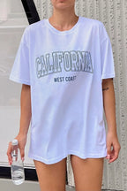 Beyaz West Coast Baskılı Oversize Kadın Tshirt