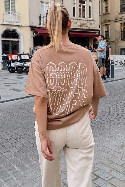Vizon Good Vibes Sırt Baskılı Oversize Kadın Tshirt