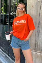 Turuncu Happiness Baskılı Oversize Kadın Tshirt