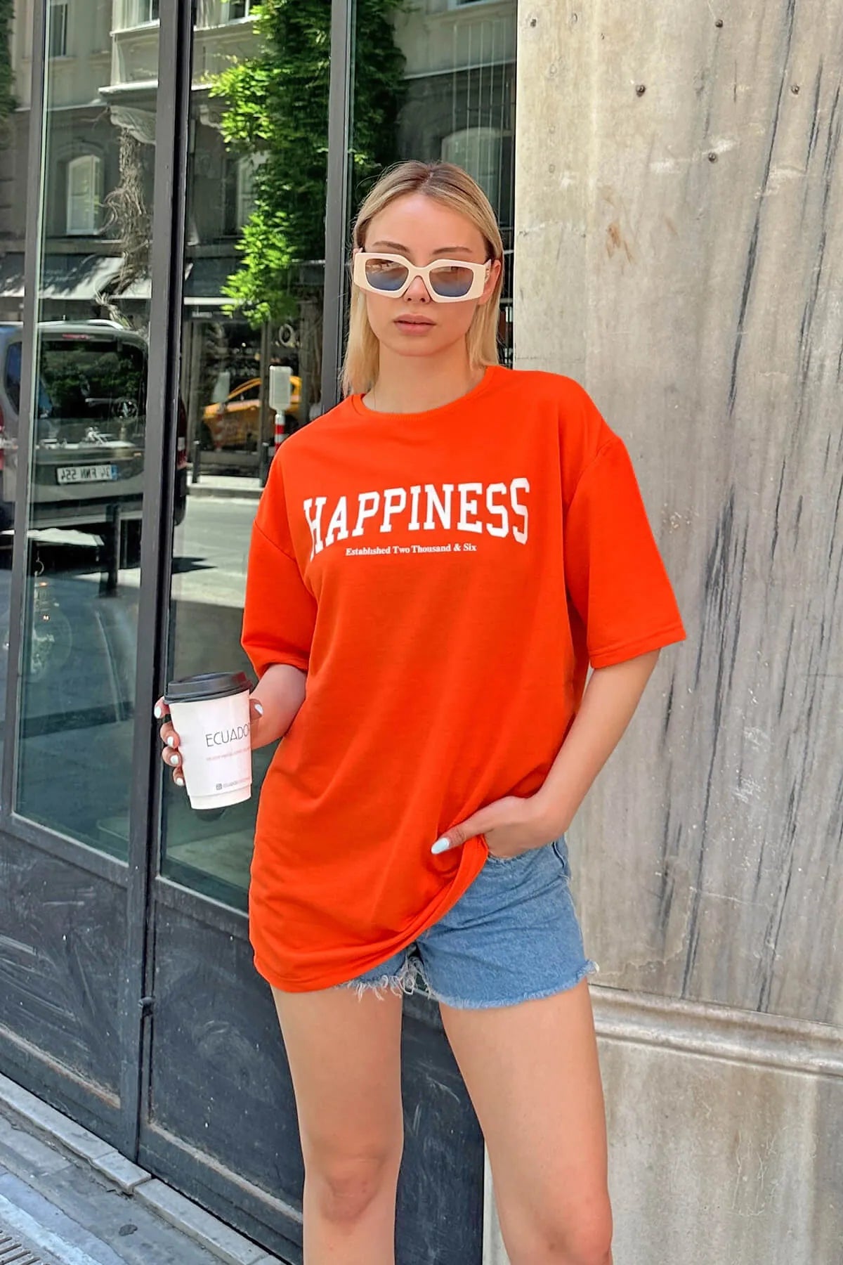 Turuncu Happiness Baskılı Oversize Kadın Tshirt