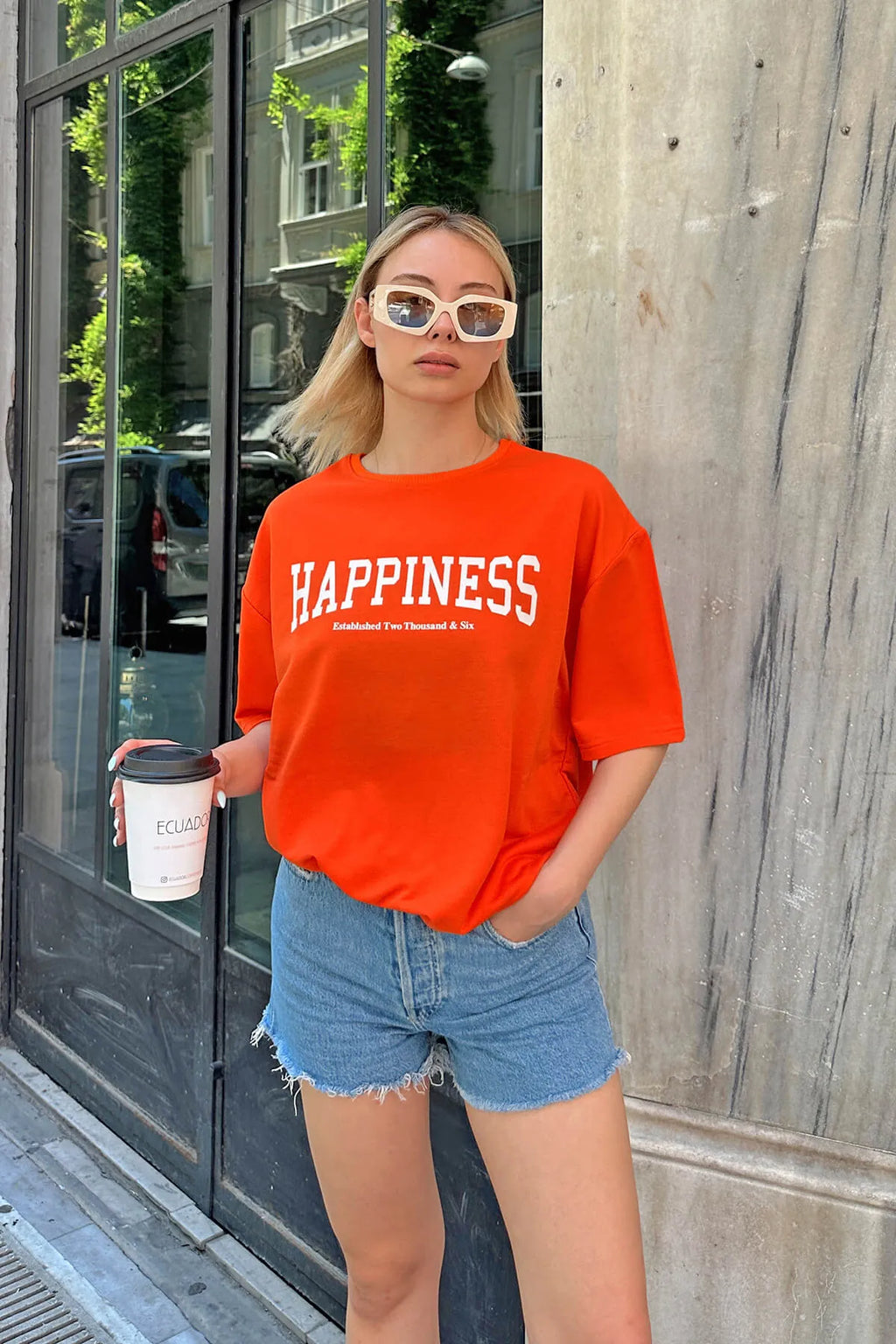 Turuncu Happiness Baskılı Oversize Kadın Tshirt