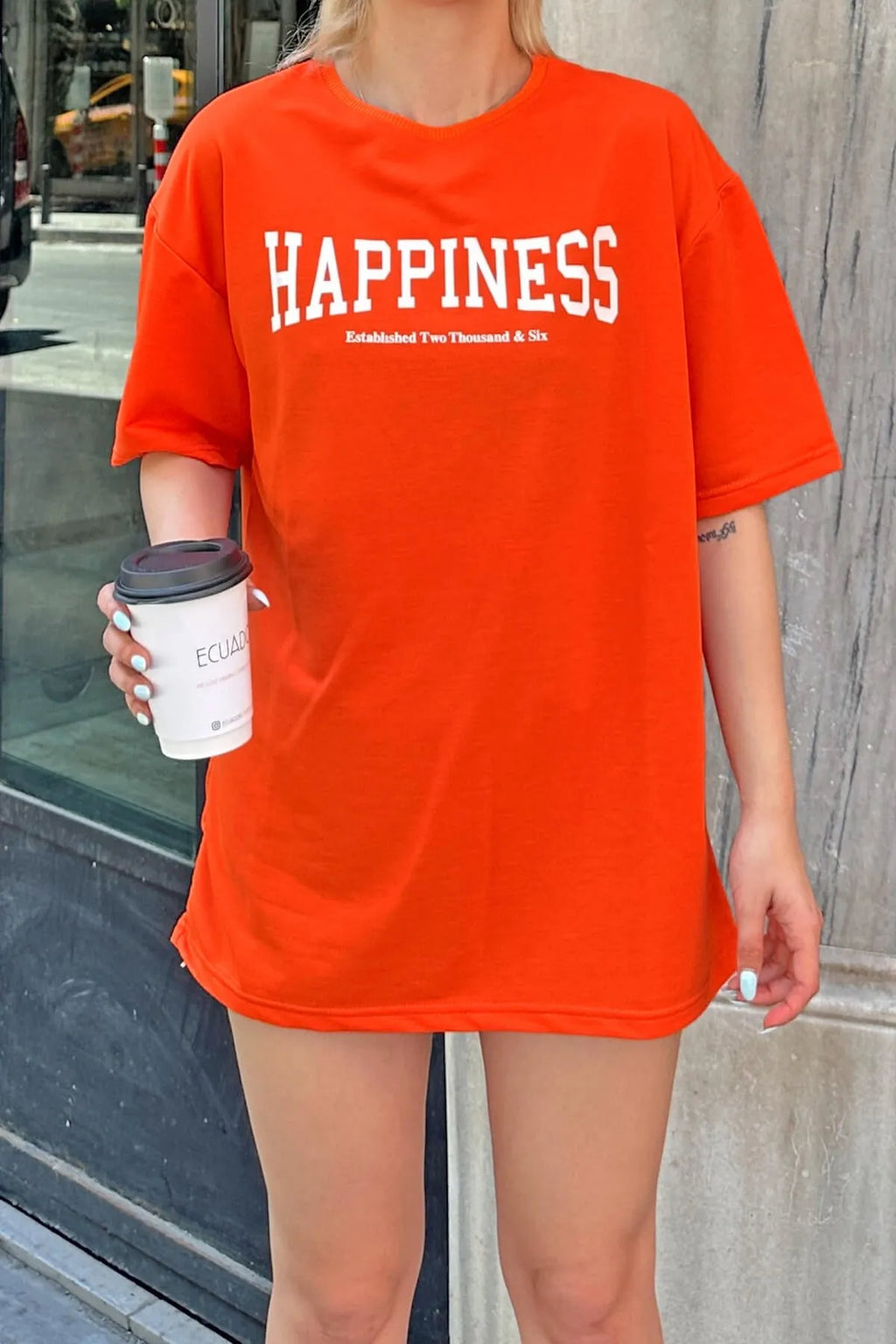 Turuncu Happiness Baskılı Oversize Kadın Tshirt