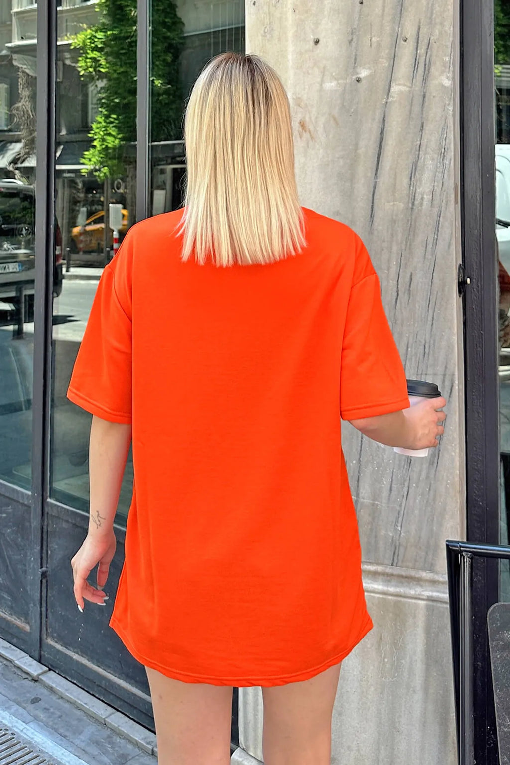 Turuncu Happiness Baskılı Oversize Kadın Tshirt