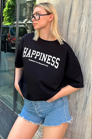 Siyah Happiness Baskılı Oversize Kadın Tshirt