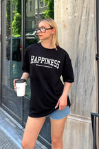 Siyah Happiness Baskılı Oversize Kadın Tshirt