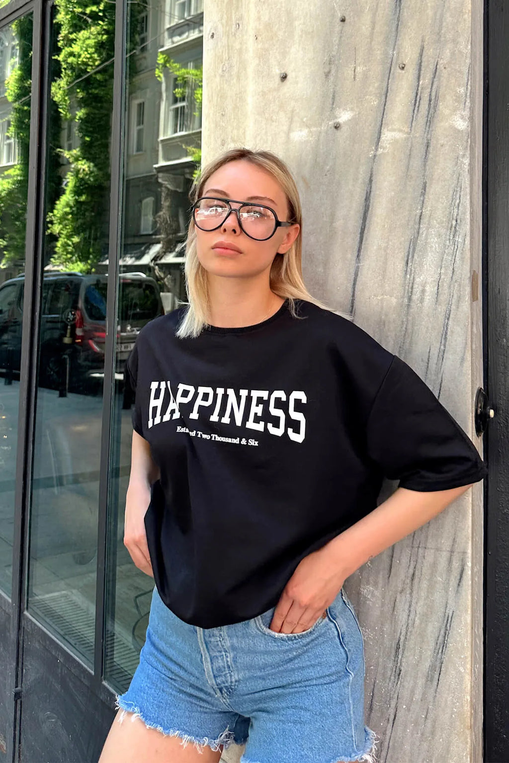 Siyah Happiness Baskılı Oversize Kadın Tshirt