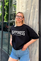 Siyah Happiness Baskılı Oversize Kadın Tshirt