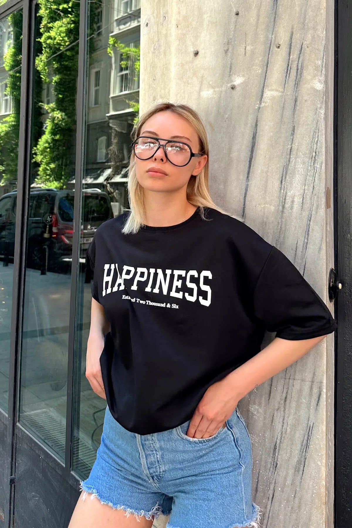 Siyah Happiness Baskılı Oversize Kadın Tshirt