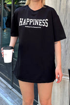 Siyah Happiness Baskılı Oversize Kadın Tshirt