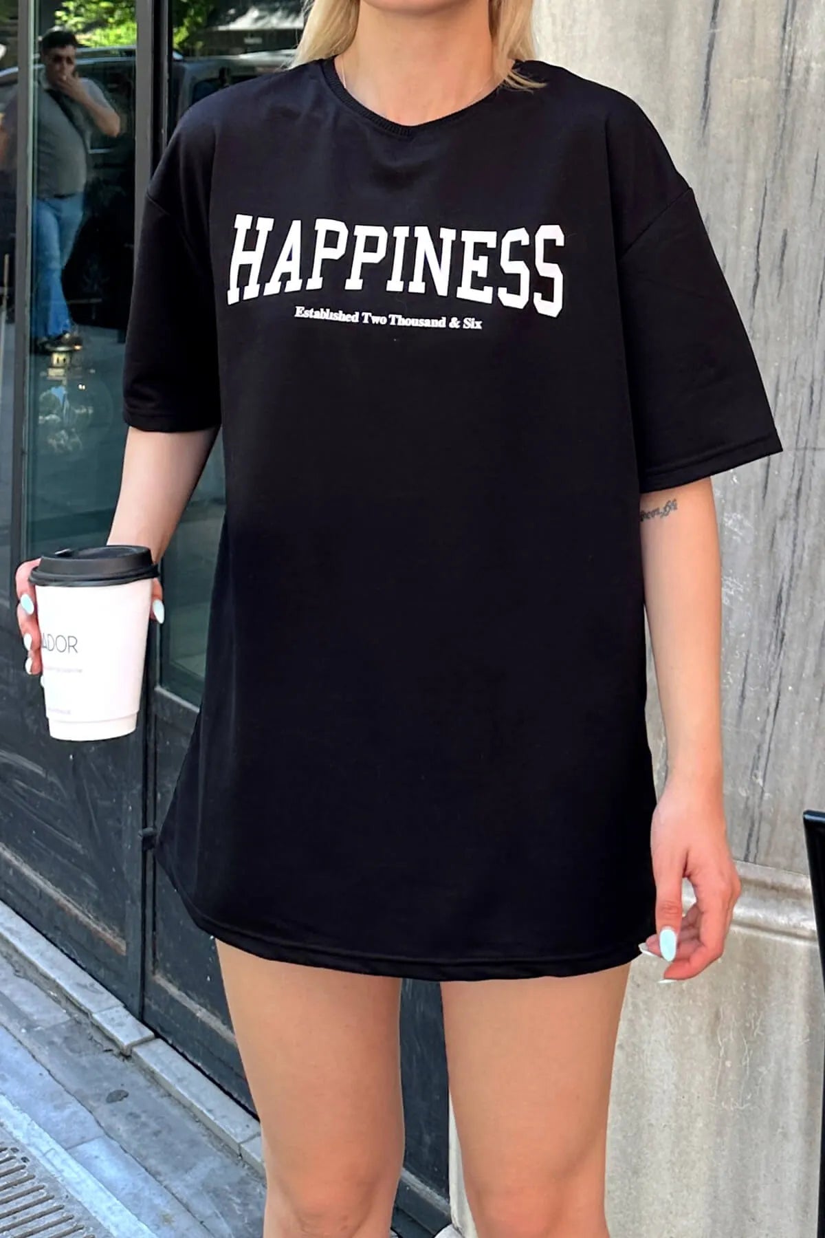 Siyah Happiness Baskılı Oversize Kadın Tshirt