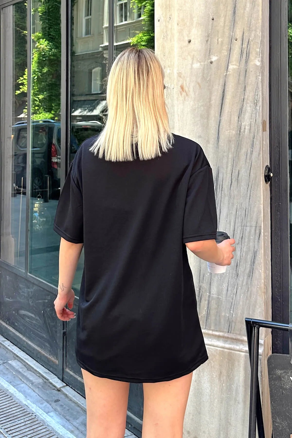 Siyah Happiness Baskılı Oversize Kadın Tshirt