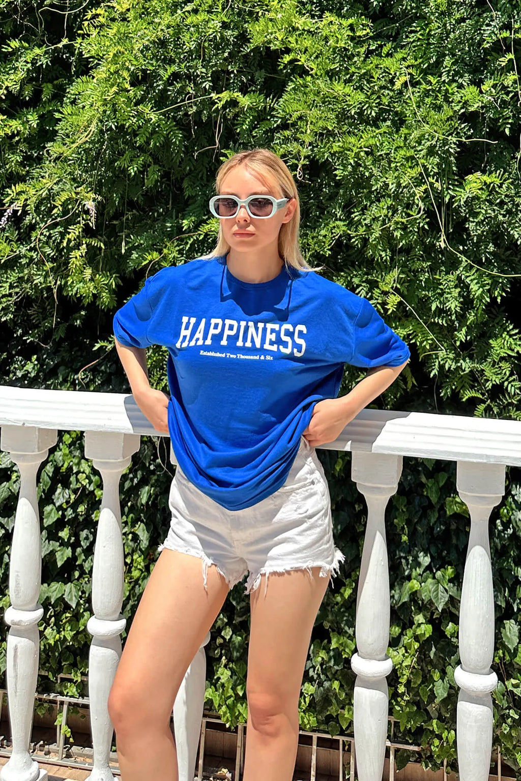 Mavi Happiness Baskılı Oversize Kadın Tshirt