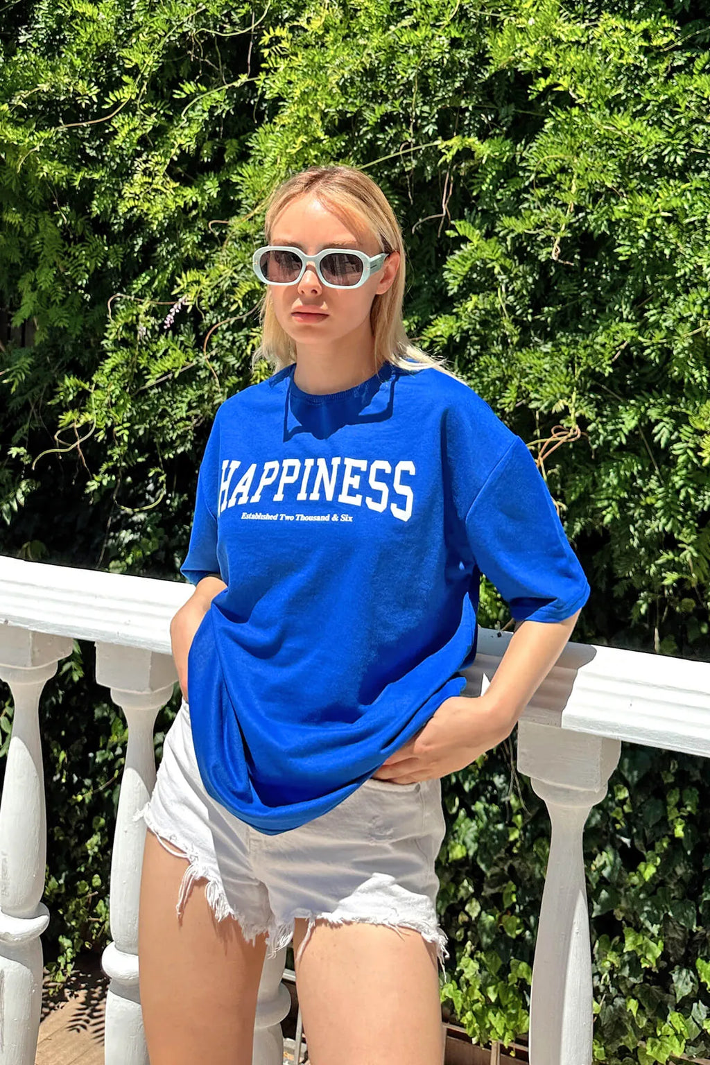 Mavi Happiness Baskılı Oversize Kadın Tshirt