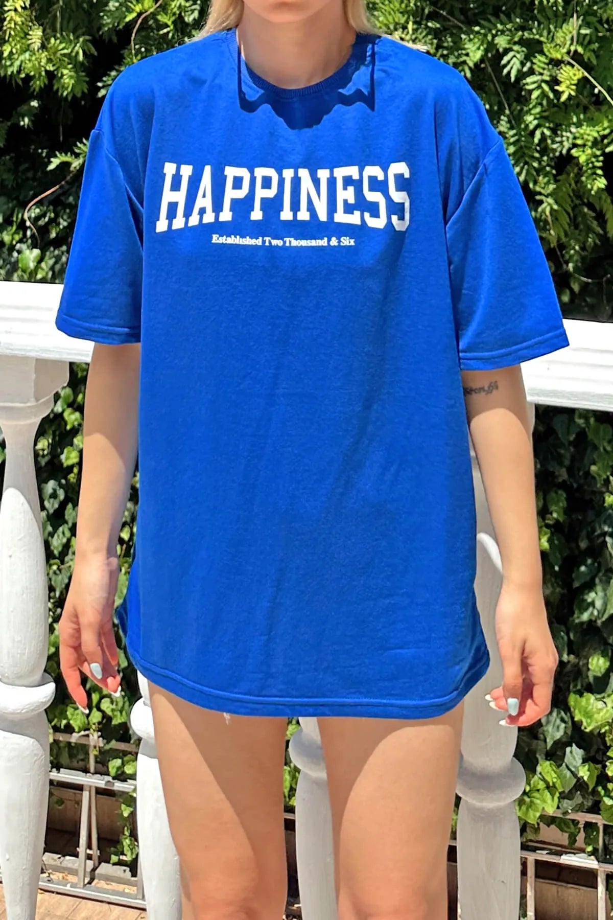 Mavi Happiness Baskılı Oversize Kadın Tshirt