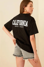 Siyah Clfrnia Sırt Baskılı Oversize Kadın Tshirt