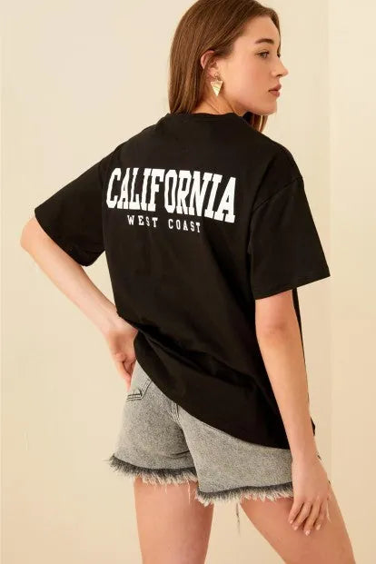 Siyah Clfrnia Sırt Baskılı Oversize Kadın Tshirt
