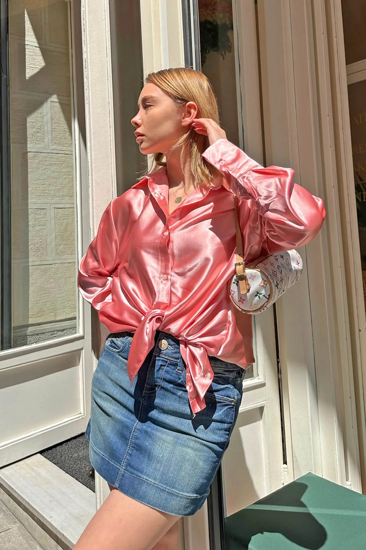 Pembe Duble Manşet Detay Long Basic Saten Kadın Gömlek