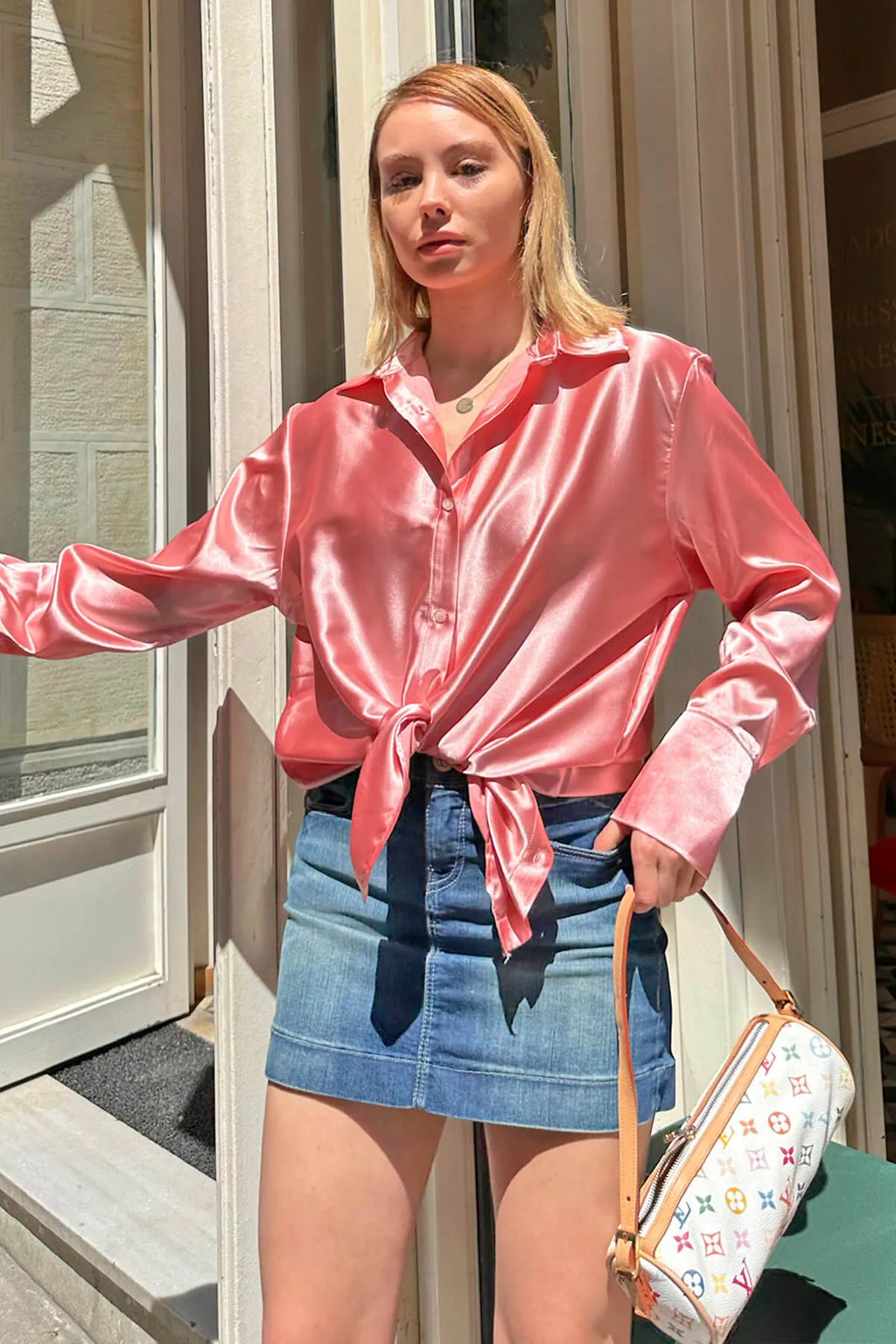 Pembe Duble Manşet Detay Long Basic Saten Kadın Gömlek