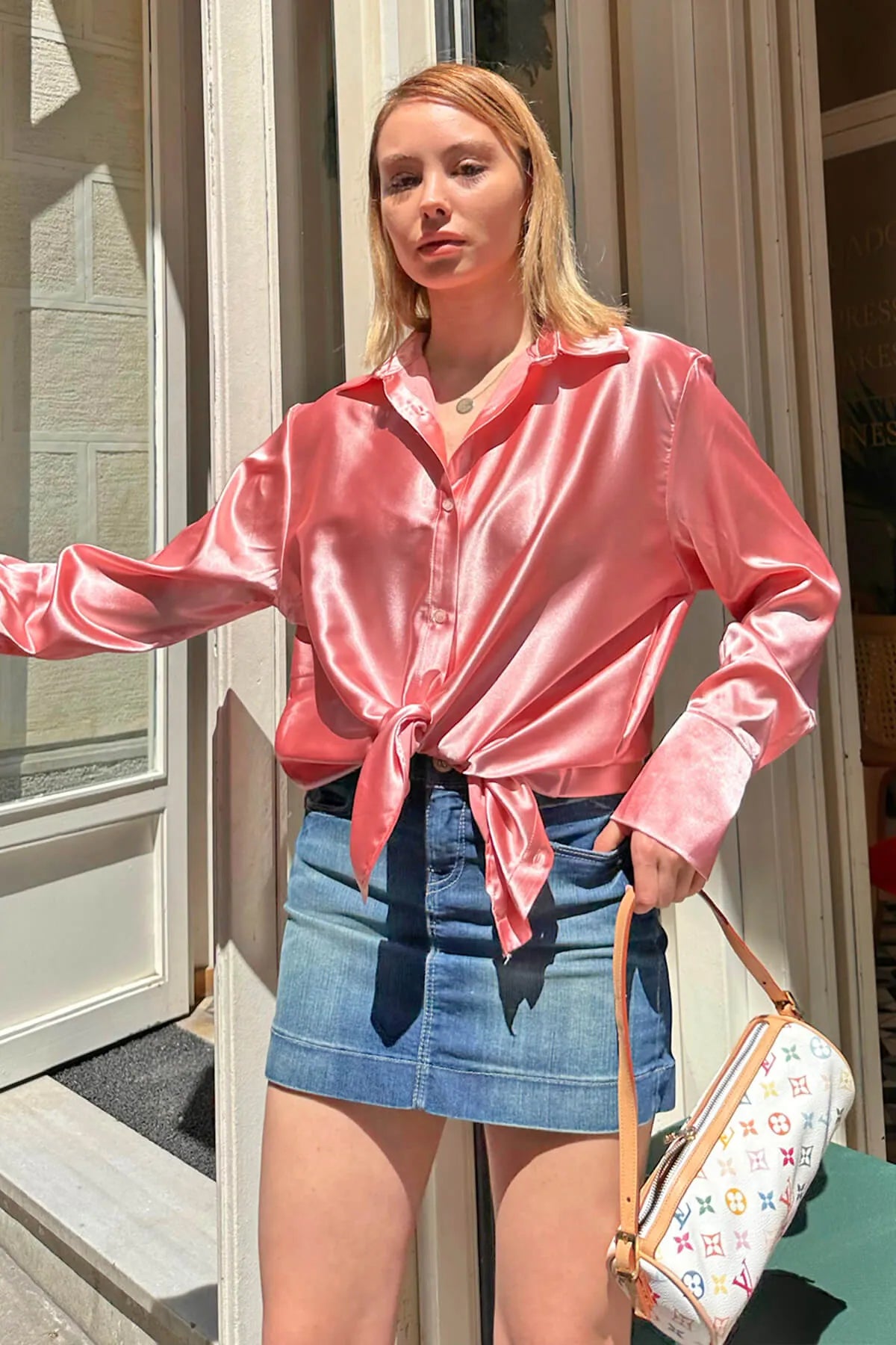 Pembe Duble Manşet Detay Long Basic Saten Kadın Gömlek