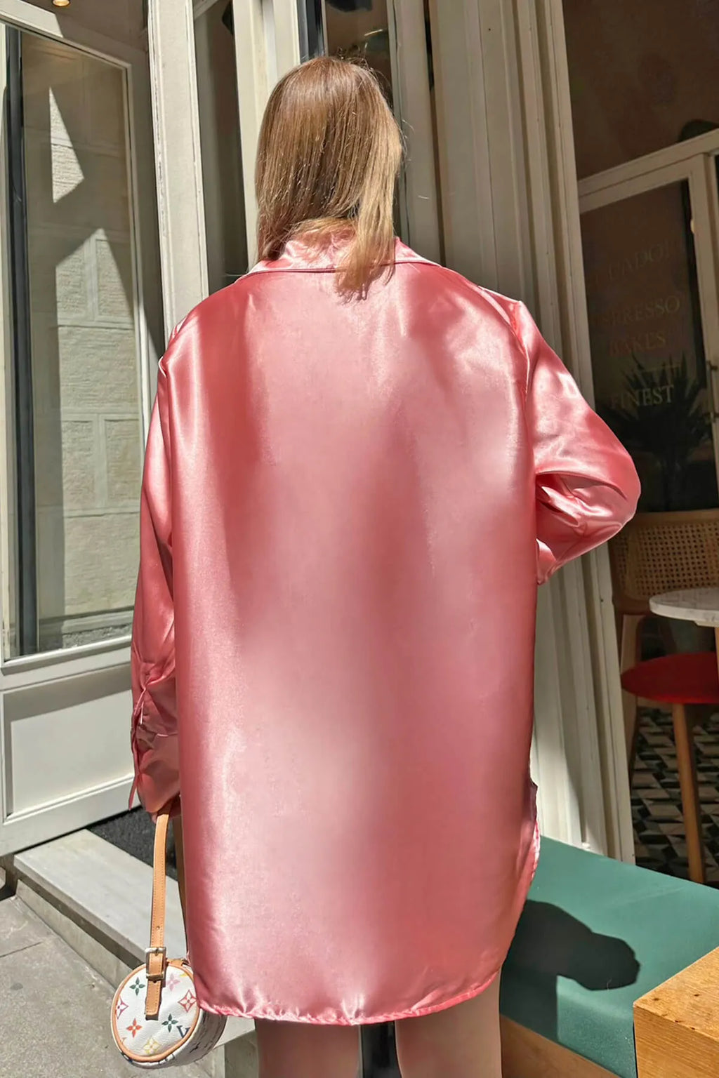 Pembe Duble Manşet Detay Long Basic Saten Kadın Gömlek