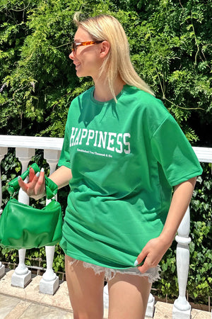 Yeşil Happiness Baskılı Oversize Kadın Tshirt