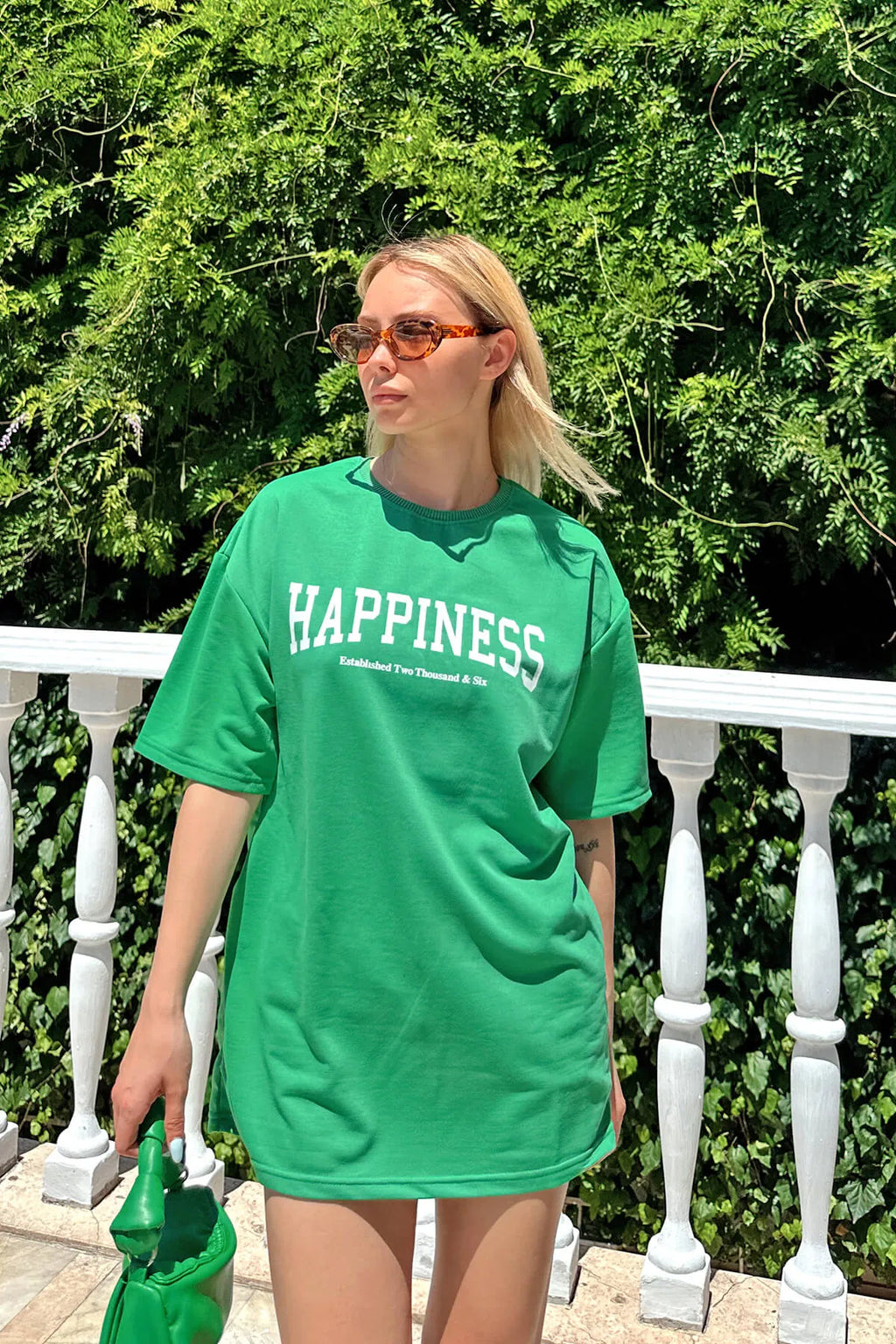 Yeşil Happiness Baskılı Oversize Kadın Tshirt