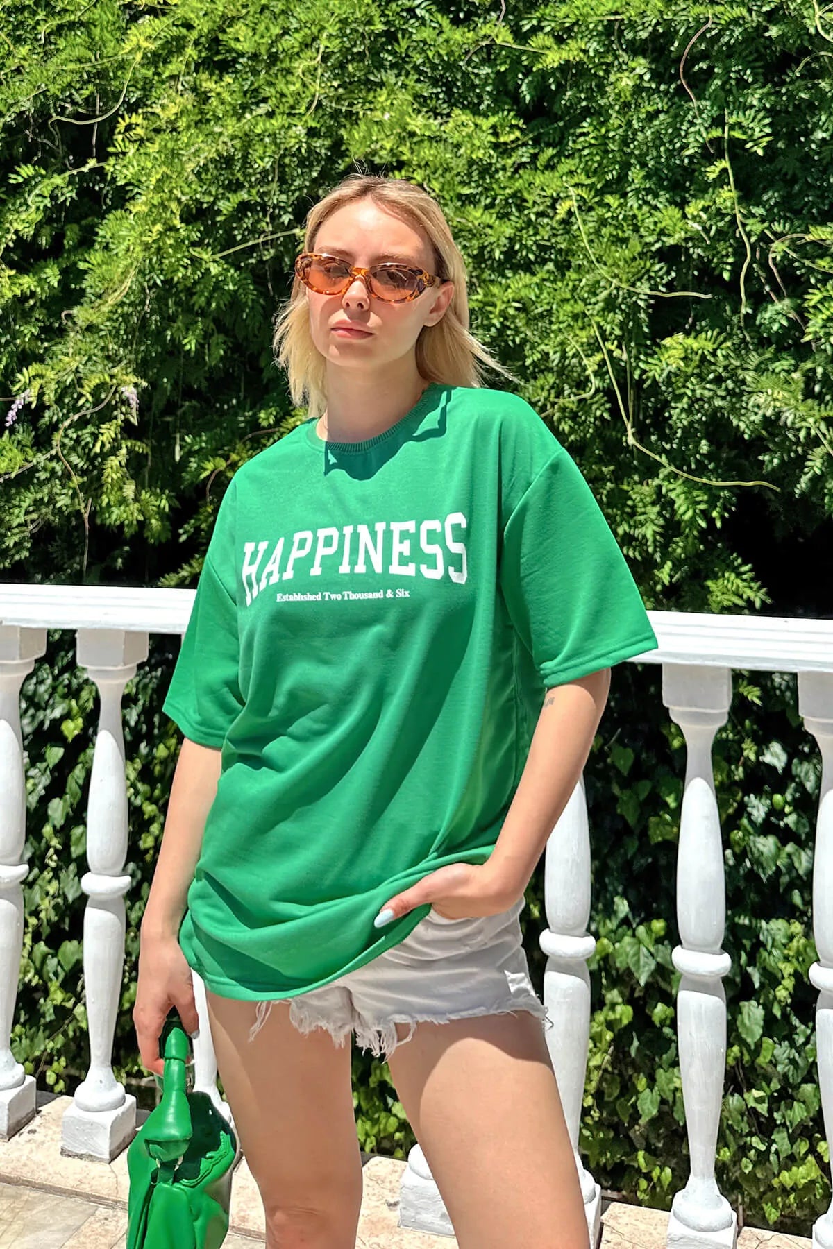 Yeşil Happiness Baskılı Oversize Kadın Tshirt