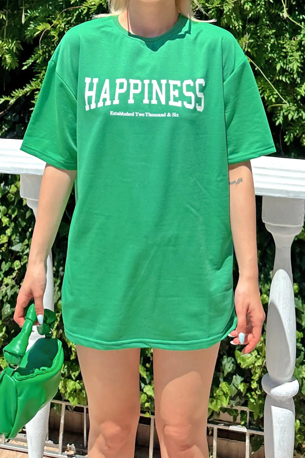 Yeşil Happiness Baskılı Oversize Kadın Tshirt