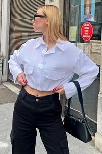 Beyaz Beli Lastikli Crop Kadın Gömlek