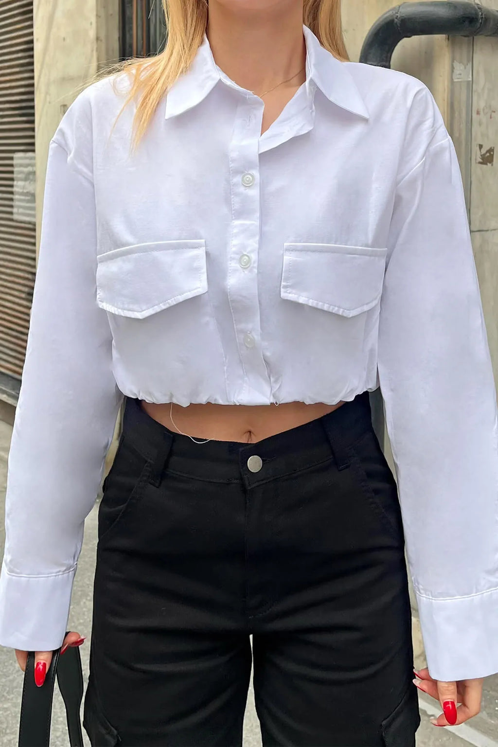 Beyaz Beli Lastikli Crop Kadın Gömlek