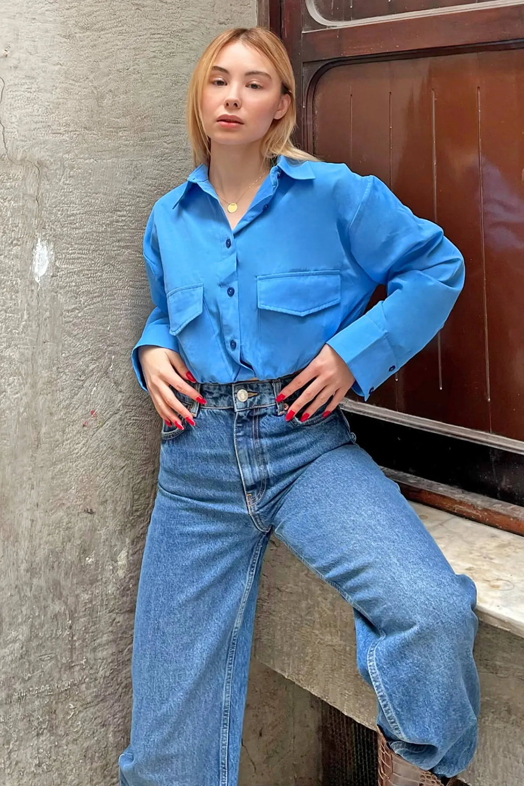 Mavi Beli Lastikli Crop Kadın Gömlek