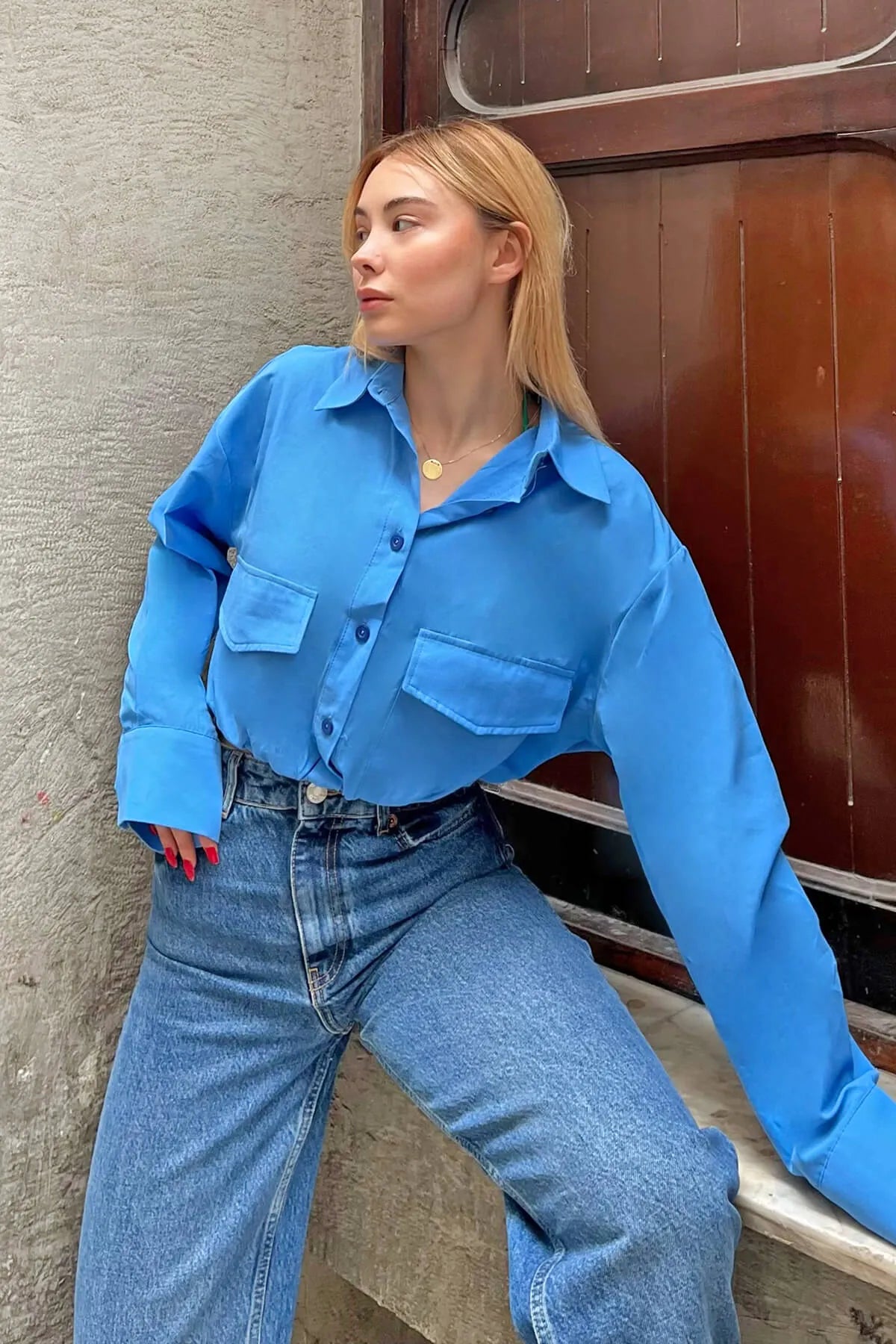Mavi Beli Lastikli Crop Kadın Gömlek