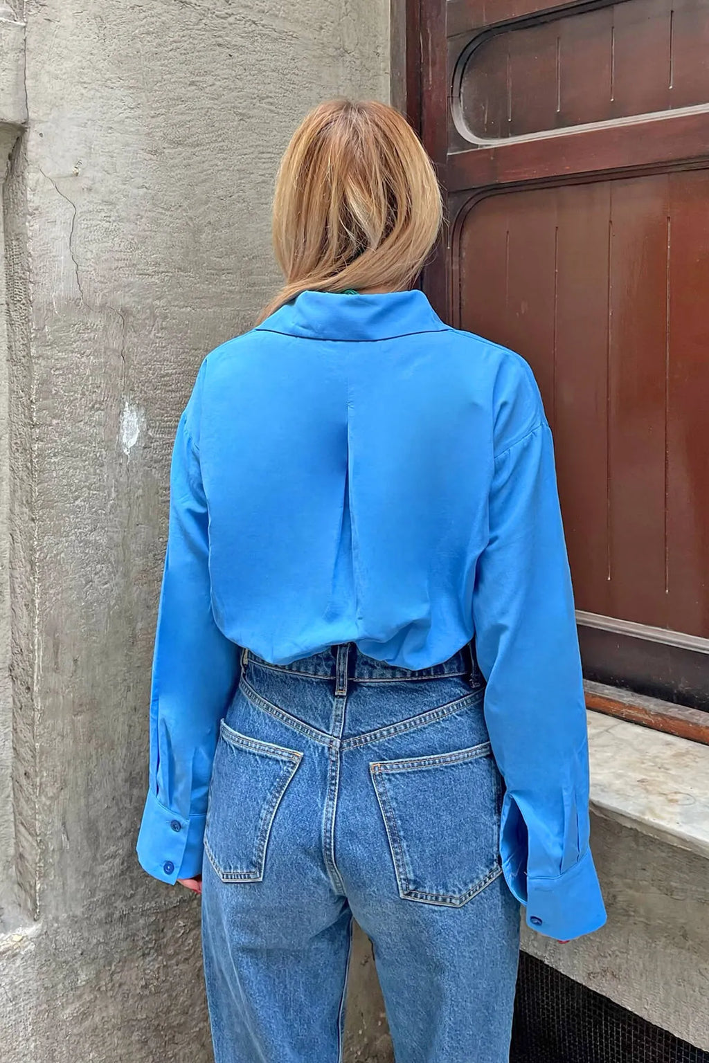 Mavi Beli Lastikli Crop Kadın Gömlek