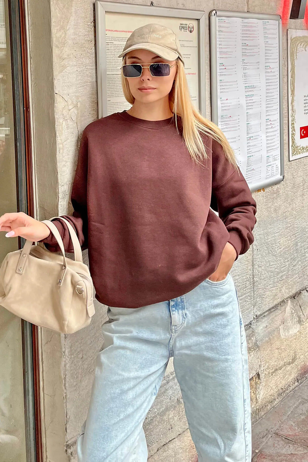 Kahverengi İçi Pamuklu Kadın Basic Sweatshirt