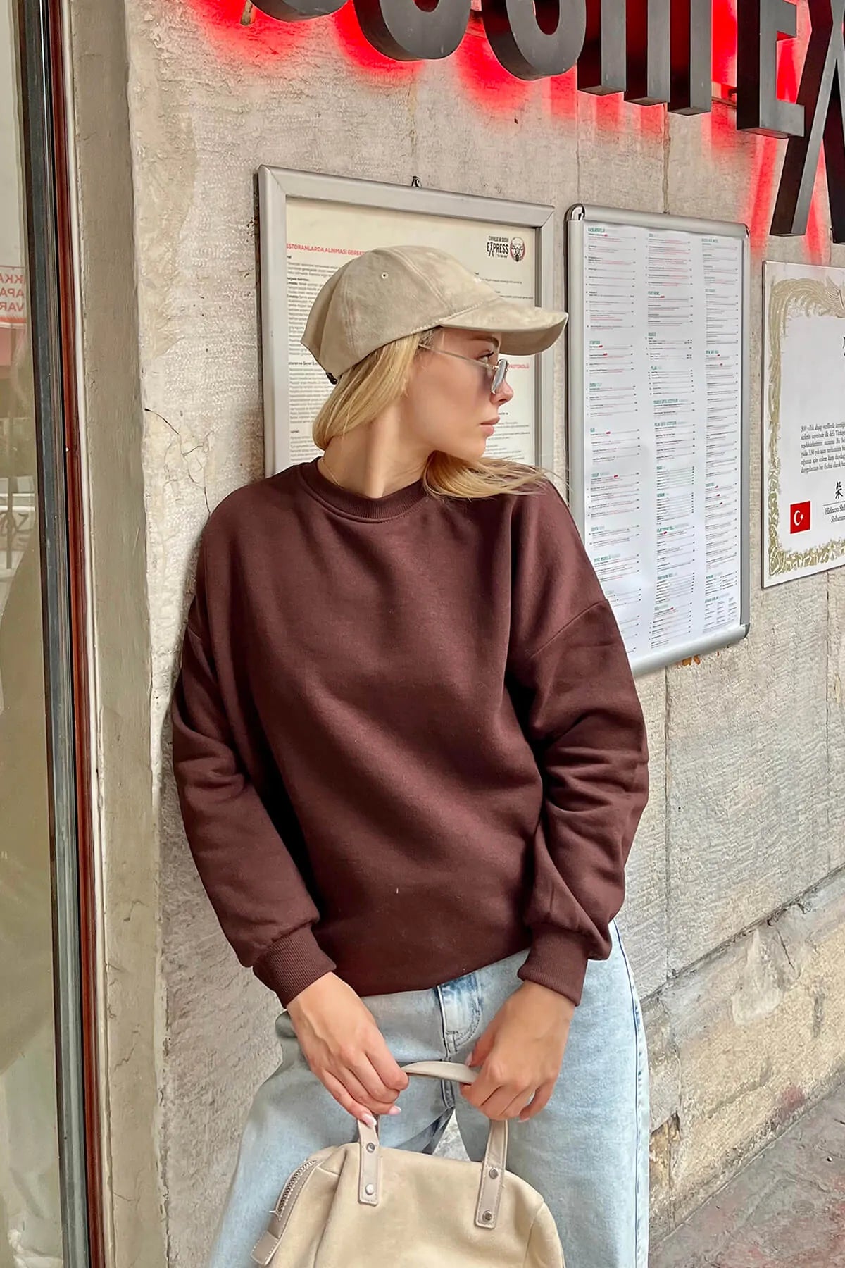 Kahverengi İçi Pamuklu Kadın Basic Sweatshirt