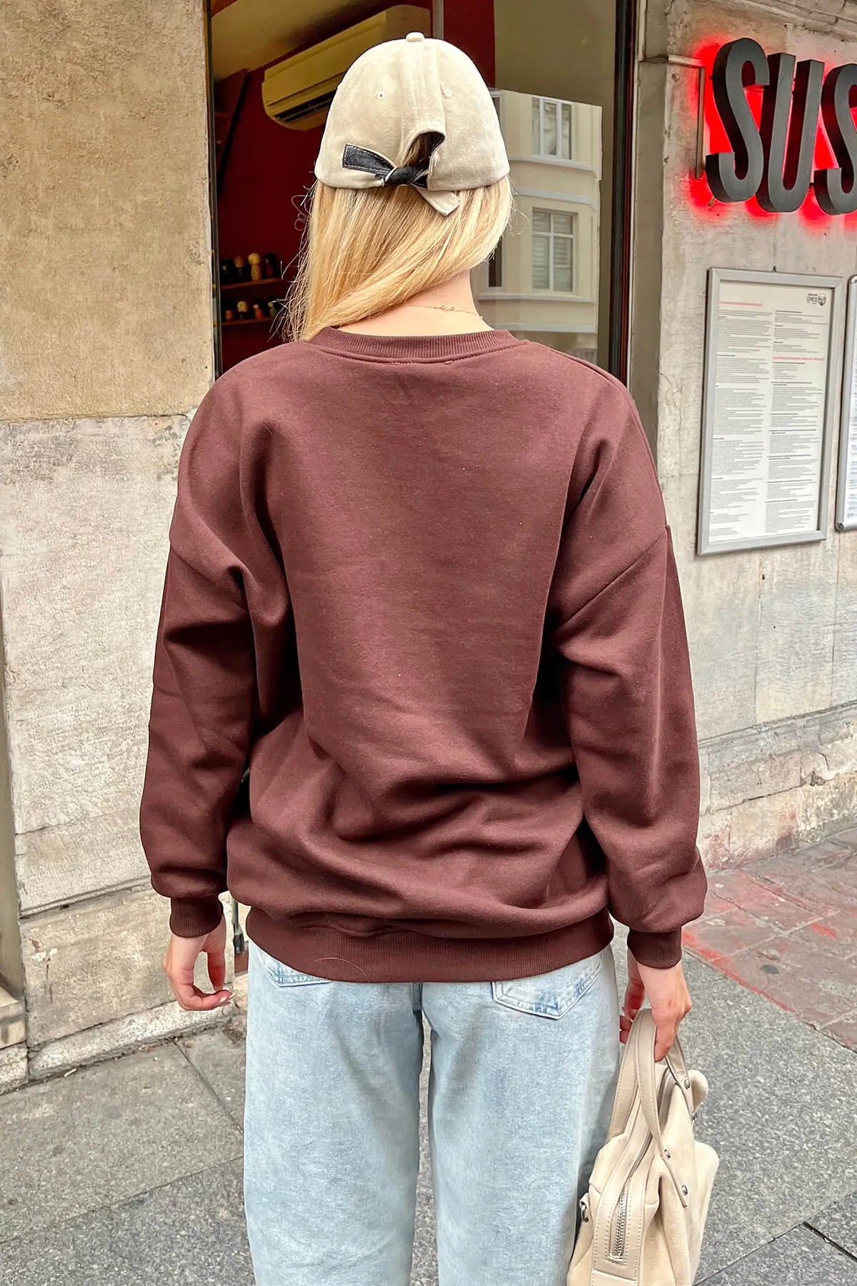 Kahverengi İçi Pamuklu Kadın Basic Sweatshirt