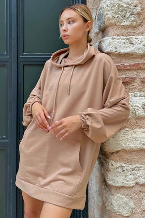 Vizon Kapüşonlu Kanguru Cep Oversize Kadın Sweatshirt