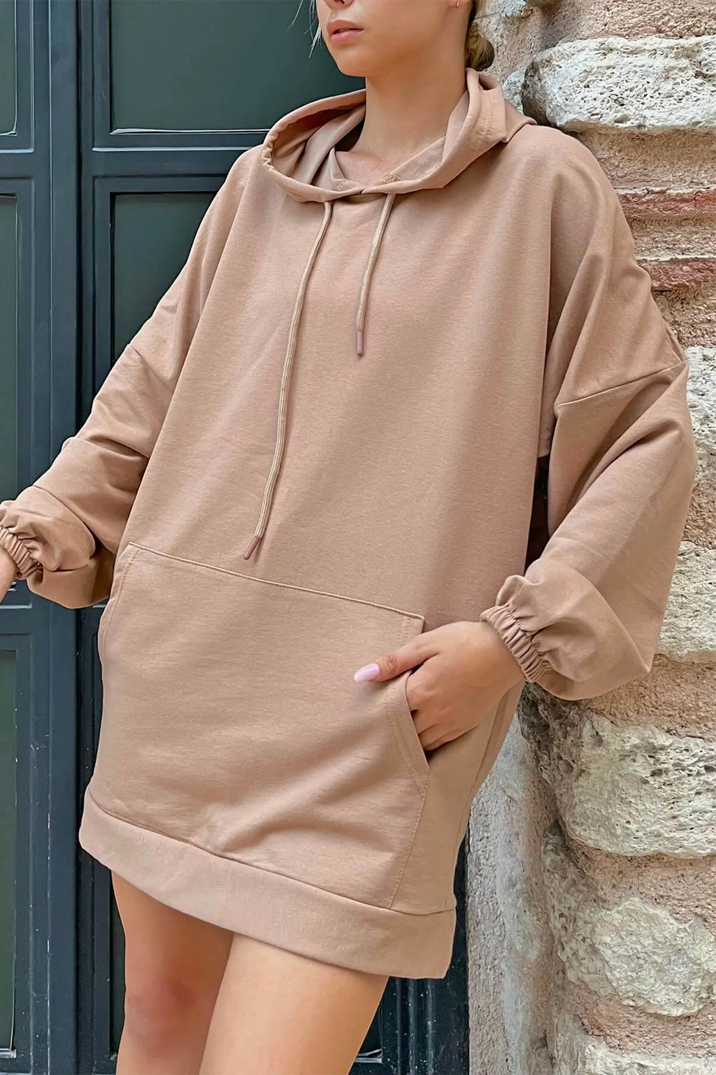 Vizon Kapüşonlu Kanguru Cep Oversize Kadın Sweatshirt