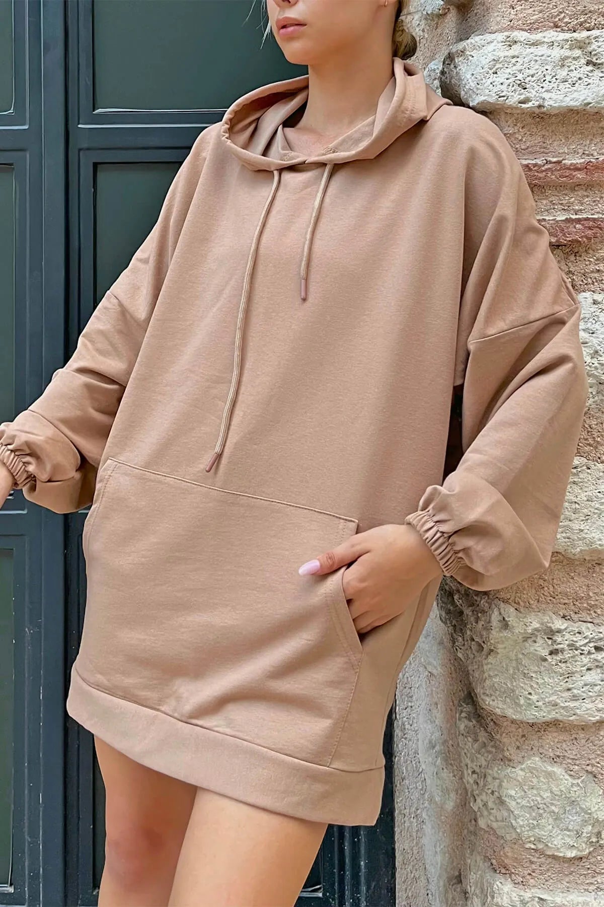 Vizon Kapüşonlu Kanguru Cep Oversize Kadın Sweatshirt