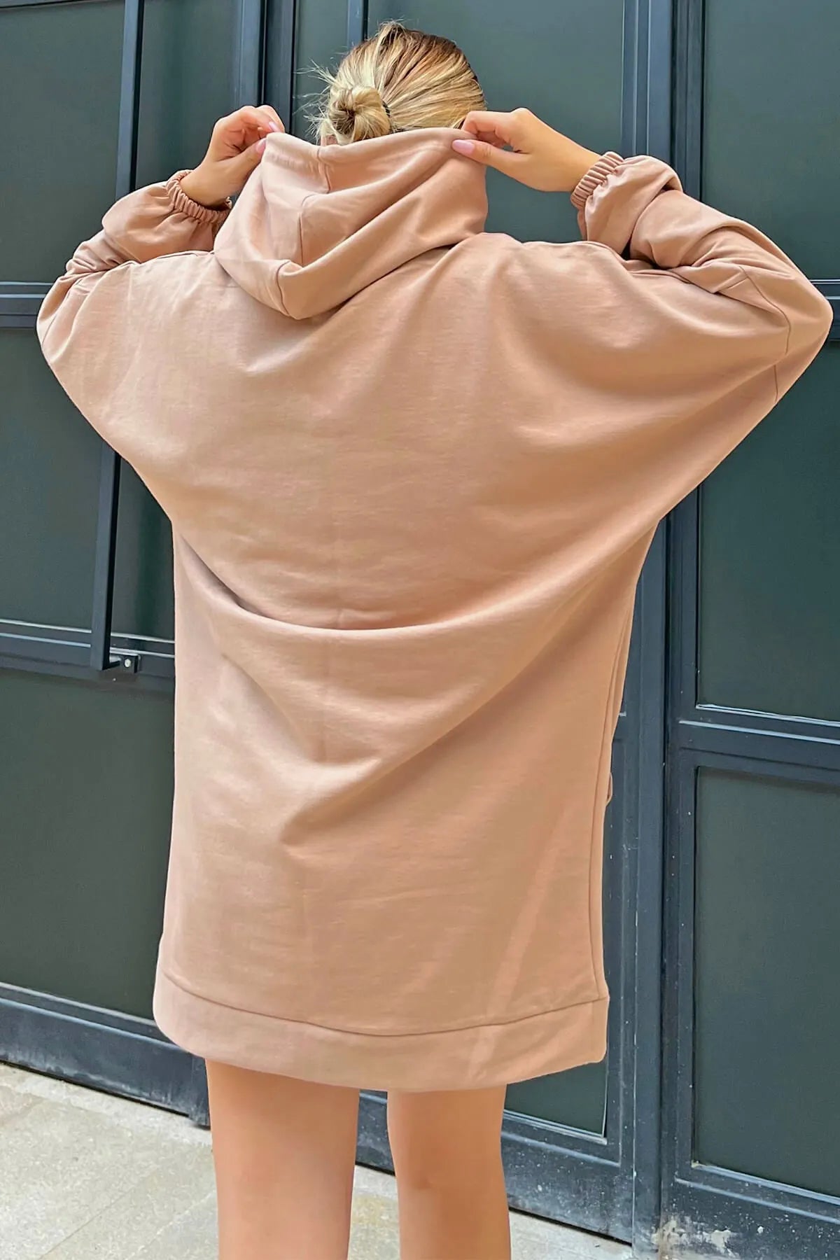 Vizon Kapüşonlu Kanguru Cep Oversize Kadın Sweatshirt