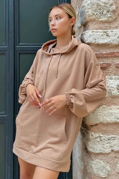 Vizon Kapüşonlu Kanguru Cep Oversize Kadın Sweatshirt