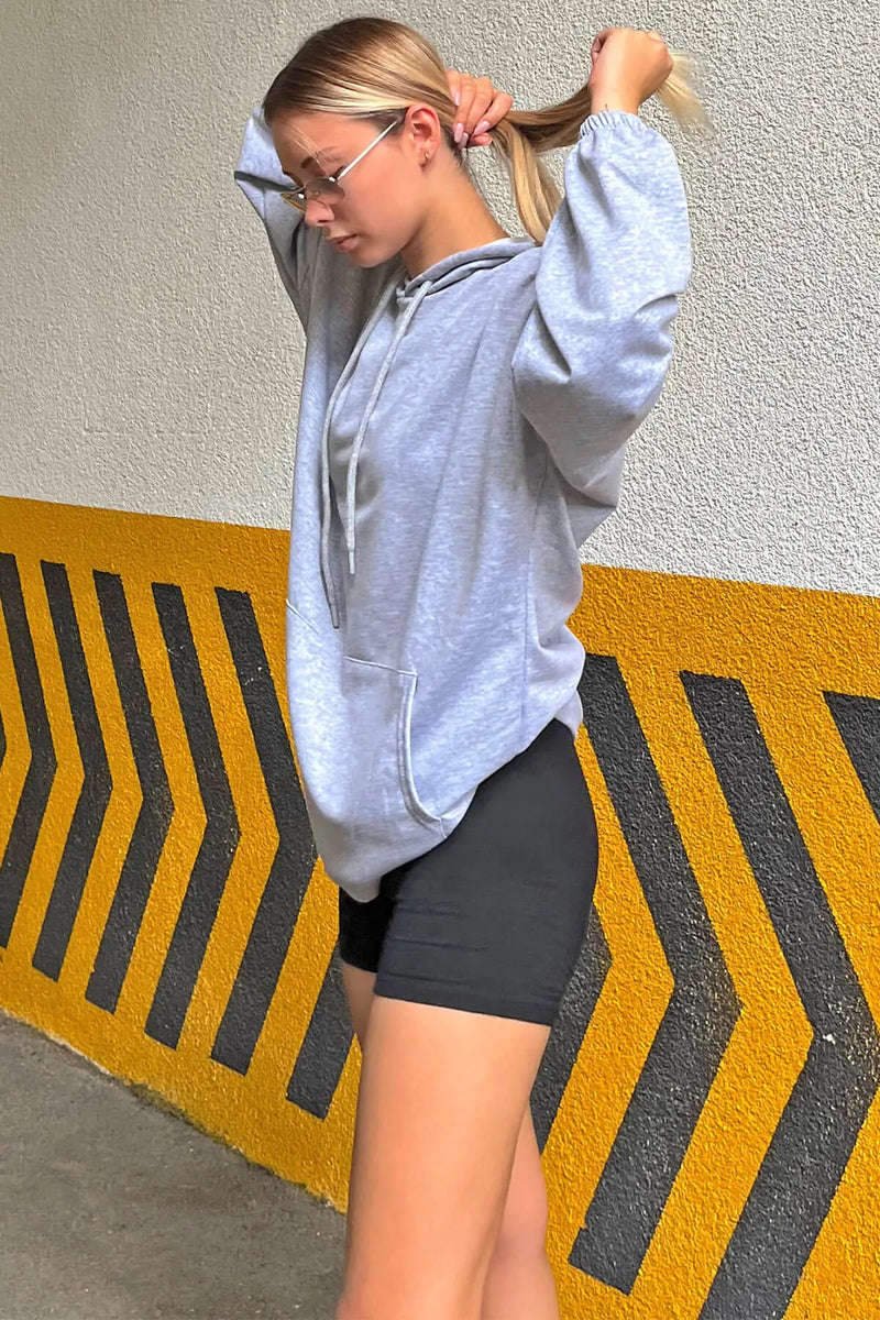 Gri Kapüşonlu Kanguru Cep Oversize Kadın Sweatshirt